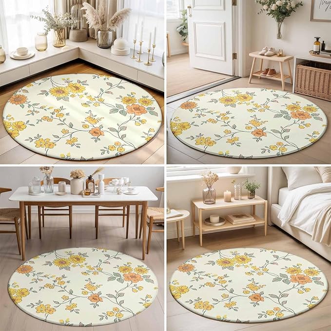 Washable Round Area Rug Orange Yellow Flowers Wild Vines Circle Rugs Floor Carpet for Living Room Bedroom, Watercolor Floral Soft Non Slip Round Rug 5ft