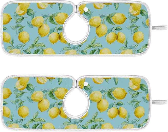 Kitchen Faucet Absorbent Mat,Lemon Fruit Summer Water Splash Guard for Sink, Faucet Drip Catcher Thicken Sponge Microfiber Faucet Water Catcher Mat Sink Absorbent Mat for Kitchen 14x5in 2 Pack