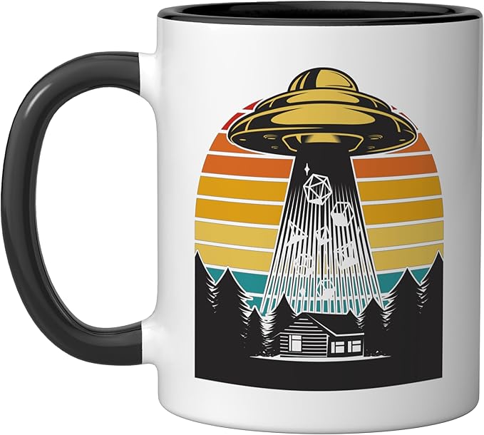 Funny Gamers RPG Board Game Dice UFO Abduction Geek Ceramic Mug, Black/White