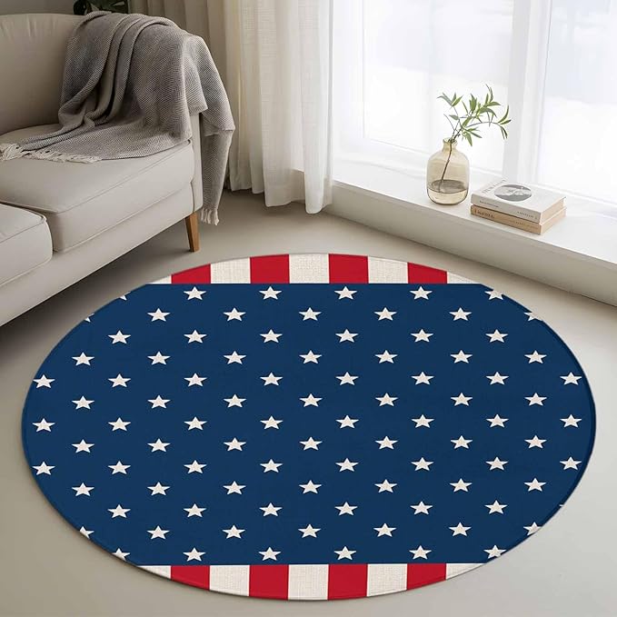 Washable Round Area Rug American Independence Day Circle Rugs Floor Carpet for Living Room Bedroom, USA Stars on Blue Red White Border Soft Non Slip Round Rug 4ft