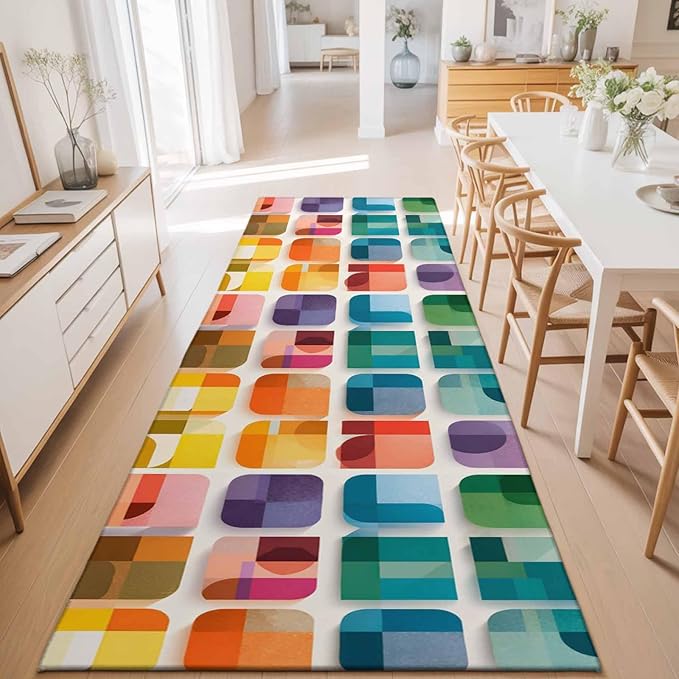 Runner Rug for Bedroom Hallway, Modern Geometric Squares Kitchen Runner Rugs Area Rug 2x6ft, Colorful Abstract Art Washable Soft Floor Carpet for Entryway Stair