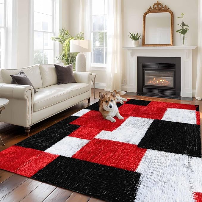 Area Rug 9x12ft, Red Black White Gradient Washable Rugs for Living Room Bedroom Rectangle Floor Carpet, Abstract Color Block Soft Non-Slip Area Rugs for Dining Room