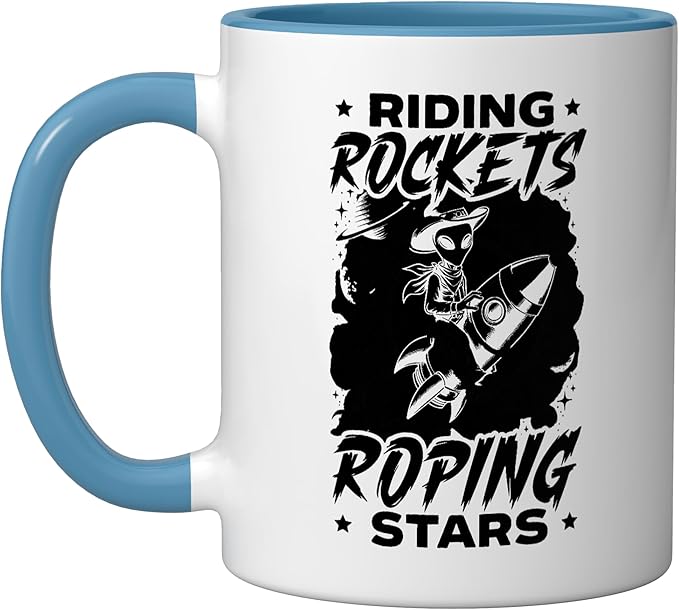 Alien Lover Flying Saucer UFO Extraterrestrial Cowboy Ceramic Mug, Blue/White