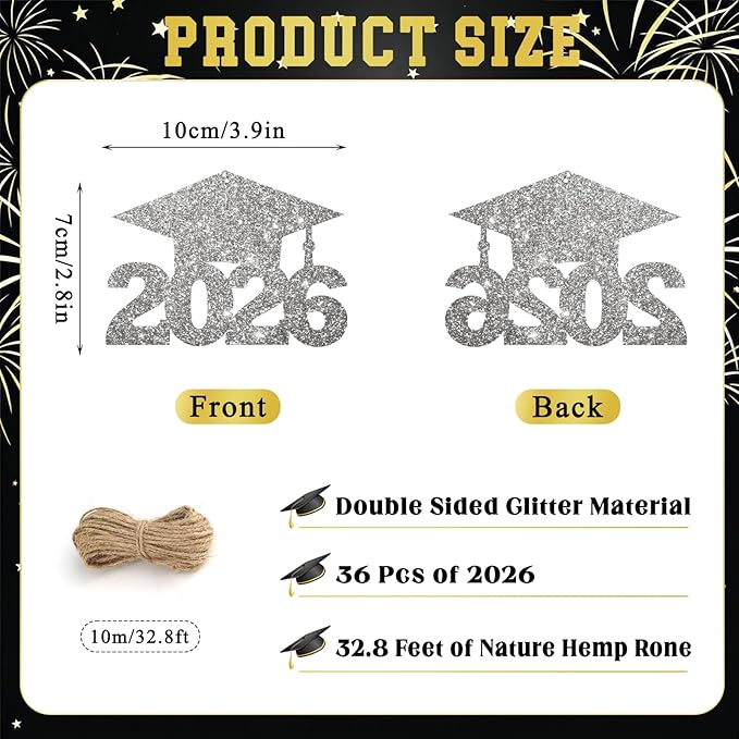 2026 Graduation Party Decorations - 36Pcs Graduation Cutouts Tags Silver Glitter 2026 Numbers for Graduation Table Centerpieces Class of 2026 Cutouts for Graduation Party Supplies Favors