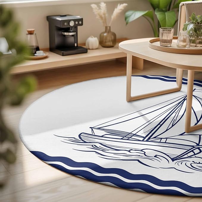 Washable Round Area Rug Summer Ocean Nautical Sailboat Circle Rugs Floor Carpet for Living Room Bedroom, Marine Theme Navy Blue Stripe Soft Non Slip Round Rug 3ft