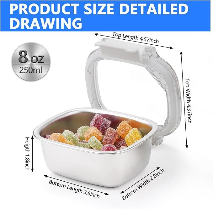 3 Piece Stainless Steel Containers with Lids, 8.5oz Food Storage Containers Leakproof Lunch Small Snack Boxes, Reusable Meal Prep Containers Suitable for Dips, Condiments, Snacks