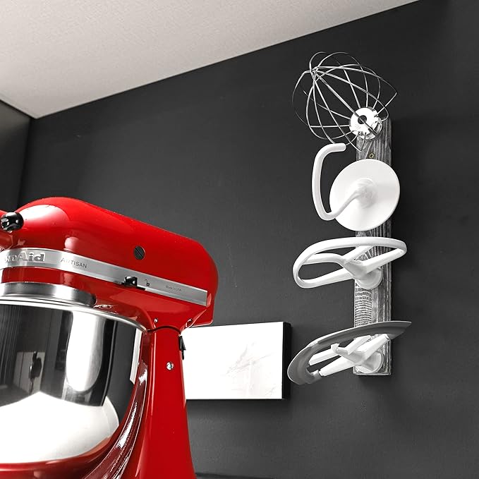 Stand Mixer Attachment Holder, Wooden Wall Mounted Holder with 4-Pack Plastic Hangers, Kitchen Accessories Storage Organizer Parts Compatible with Kitchenaid Mixer Attachments for Space-saving