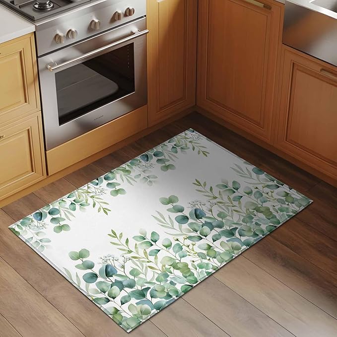 Sage Green Eucalyptus Leaves 2x3 Door Mat Rug, Farmhouse Botanical Non-Skid Rubber Backing Large Rectangle Rugs - Living Room Bedroom Home Office, Country Indoor Floor Mat Carpets Washable Rug
