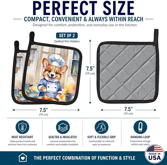 Caroline's Treasures Corgi The Chef Pair of Pot Holders Kitchen Heat Resistant Pot Holders Sets Oven Hot Pads for Cooking Baking BBQ, 7 1/2 x 7 1/2