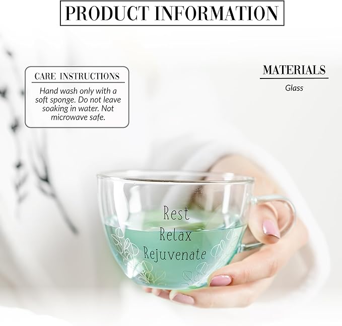 Pavilion Gift Company - Rest Relax Rejuvenate - 7 oz Teacup And 5.25" Saucer Plate Set Expresso Shot Tea Party Cappuccino Coffee Mug Drinkware Glass Tranquil Self Care Affirmations Positivity