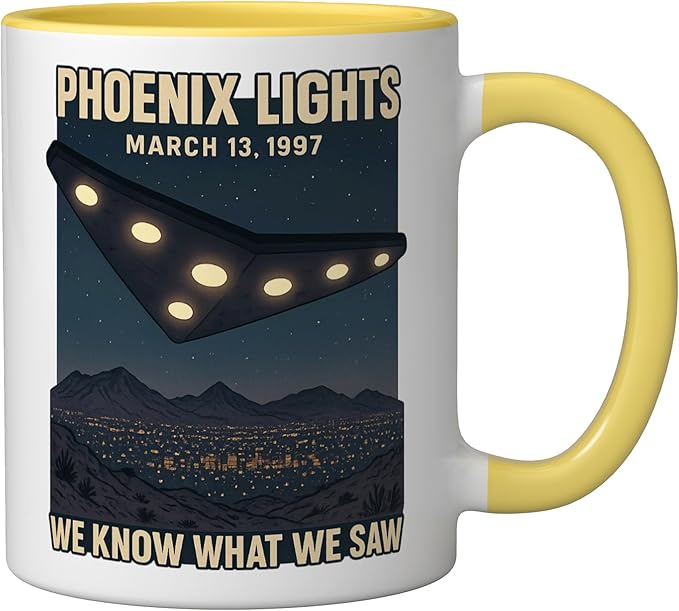Phoenix Lights UFO V Shaped Flying Saucer Alien Ceramic Mug, Yellow/White