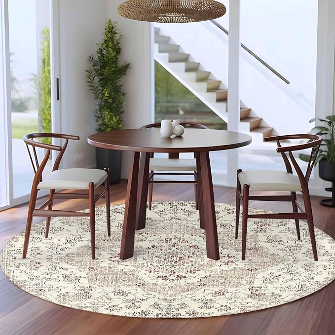 Beige Boho 8ft Round Rug, Vintage Ethnic Floral Non-Skid Rubber Backing Large Area Rugs - Living Room Bedroom Home Office, Abstract Art Geometric Indoor Floor Mat Carpets Washable Rug