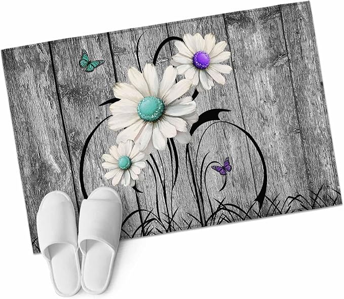 Area Rug 2x3ft, Farm Daisy Shabby Wood Grain Washable Rugs for Living Room Bedroom, Vintage Flower Plant Butterfly Soft Non-Slip Area Rugs Rectangle Floor Carpet for Dining Room
