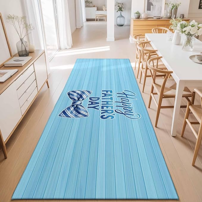 Runner Rug for Bedroom Hallway, Father's Day Vintage Plank Kitchen Runner Rugs Area Rug 2x6ft, Cartoon Blue Stripes Bow Washable Soft Floor Carpet for Entryway Stair