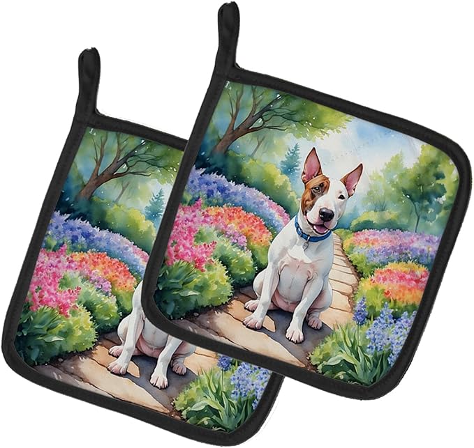 Caroline's Treasures English Bull Terrier Spring Path Pair of Pot Holders Kitchen Heat Resistant Pot Holders Sets Oven Hot Pads for Cooking Baking BBQ, 7 1/2 x 7 1/2