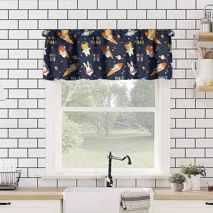 Animal Astronaut Valance, Funny Cartoon Animals Spacemen Rocket Kids Boys Window Treatment for Kitchen Dining Bedroom Nursery Decor, 54x18Inch