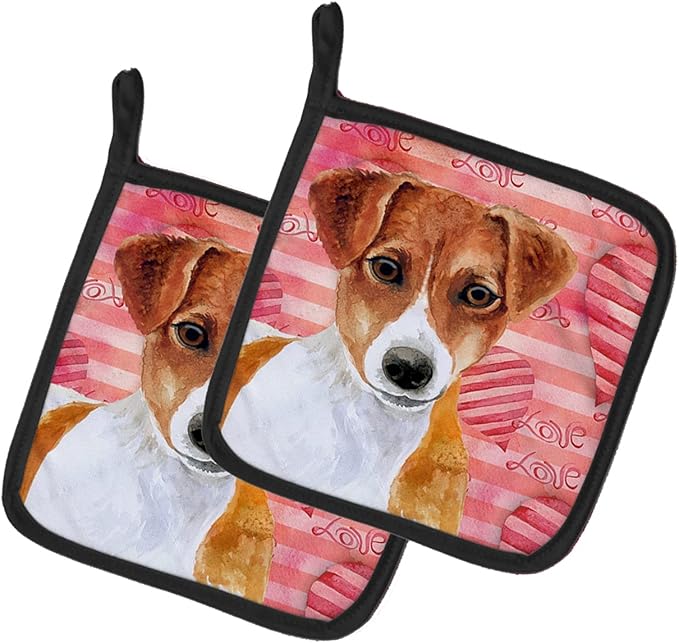 Caroline's Treasures BB9776PTHD Jack Russell Terrier Love Pair of Pot Holders, Red Kitchen Heat Resistant Pot Holders Sets Oven Hot Pads for Cooking Baking BBQ, 7 1/2 x 7 1/2