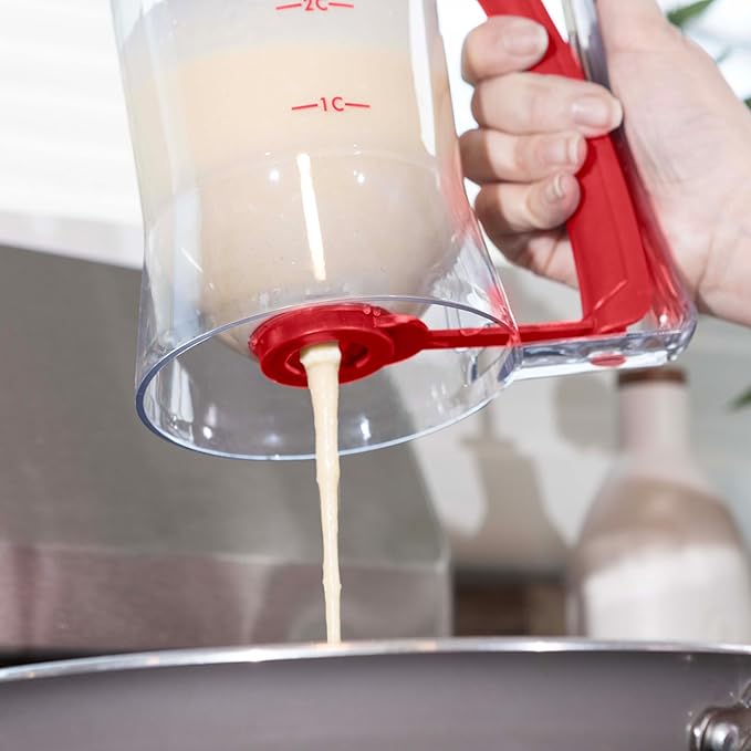 Pancake Batter Dispenser - 4-Cup Batter Dispenser with Squeeze Handle for Pancakes, Waffles, Muffins, and Crepes - Baking Tools (Red)