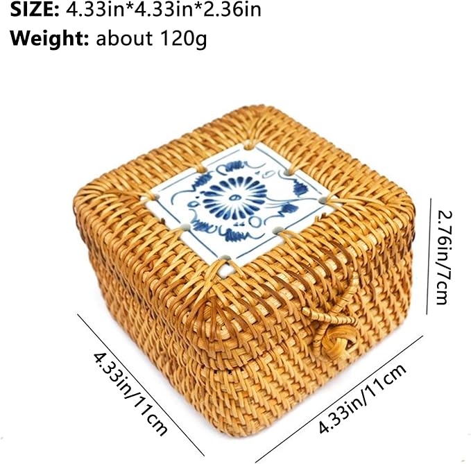 Rattan Box with Lid: Blue-and-White Porcelain Decorative Rattan Storage Box, Hand-Woven Wicker Storage Basket with Lid, for Sundries Tea Case Picnic Food Containers (Square 1, 4.33in*4.33in* 2.76in)