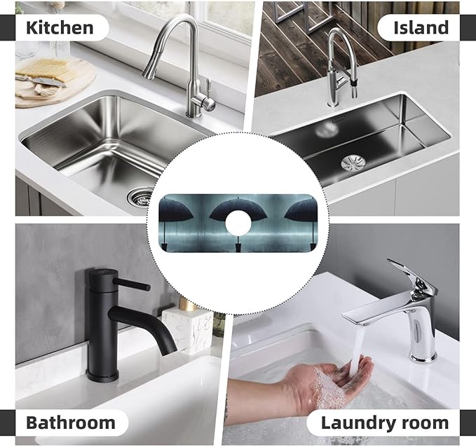 Black Umbrella in the rain Printed Faucet Absorbent mat, Suitable for bathrooms, Kitchens, and Other Sink Areas.