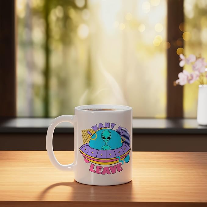 I Want To Leave Funny Alien UFO Retro Graphic Ceramic Mug, White