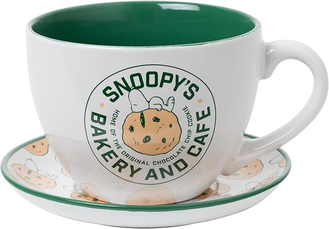 Silver Buffalo Peanuts Snoopy's Bakery and Cafe Cookie Pattern Oversized Ceramic Teacup and Saucer Set, 22 Ounces