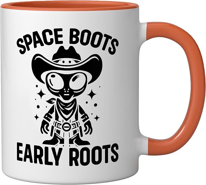 Alien Lover Flying Saucer UFO Extraterrestrial Cowboy Ceramic Mug, Orange/White