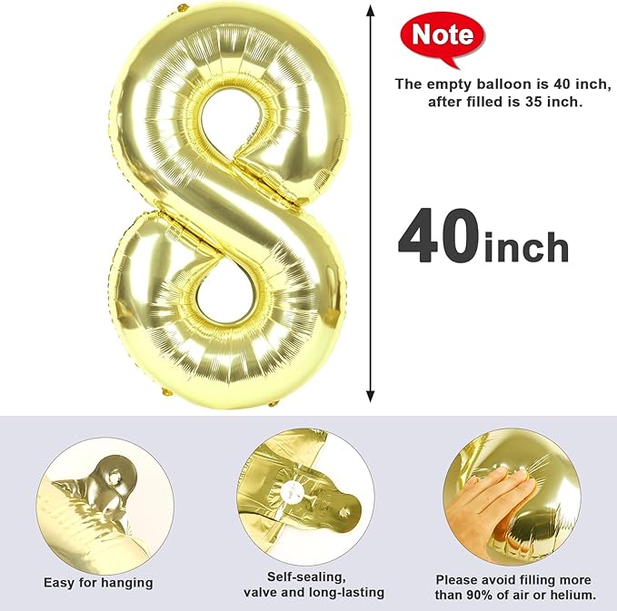 40 Inch Number 8 Balloon, Light Gold 8 18 28 80 Birthday Balloons for Men Boys, 8th Birthday Decorations Party Supplies, Wedding, Graduations