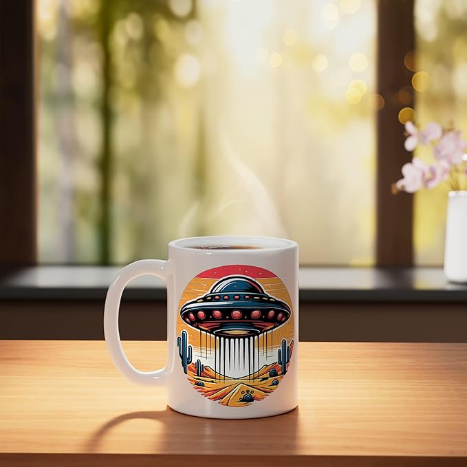 Retro UFO Desert Abduction Scene | Vintage Sci-Fi Ceramic Mug, White
