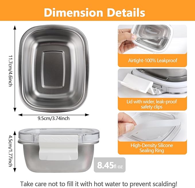 3 Pack Stainless Steel Reusable Snack Containers with Lids - 8.45 oz Small Metal Snack & Lunch Food Boxes, Shatterproof Leakproof Freezer Safe Meal Prep Containers for Portioning Snacks, Dips