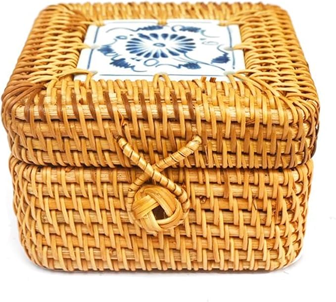 Rattan Box with Lid: Blue-and-White Porcelain Decorative Rattan Storage Box, Hand-Woven Wicker Storage Basket with Lid, for Sundries Tea Case Picnic Food Containers (Square 1, 4.33in*4.33in* 2.76in)