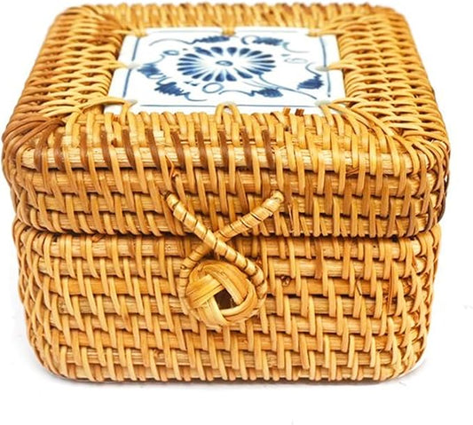 Rattan Box with Lid: Blue-and-White Porcelain Decorative Rattan Storage Box, Hand-Woven Wicker Storage Basket with Lid, for Sundries Tea Case Picnic Food Containers (Square 1, 4.33in*4.33in* 2.76in)