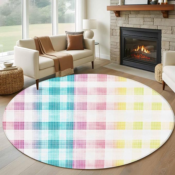 Washable Round Area Rug Easter Red Yellow Blue Stripes Circle Rugs Floor Carpet for Living Room Bedroom, Abstract Buffalo Plaid Soft Non Slip Round Rug 5ft