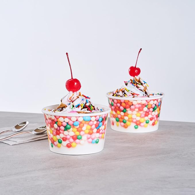 Coppetta 8 Ounce Dessert Cups, 200 Greaseproof Ice Cream Cups - Lids Sold Separately, For Hot And Cold Foods, White Paper Yogurt Bowls, Round Sprinkle Design, Disposable, Sturdy - Restaurantware