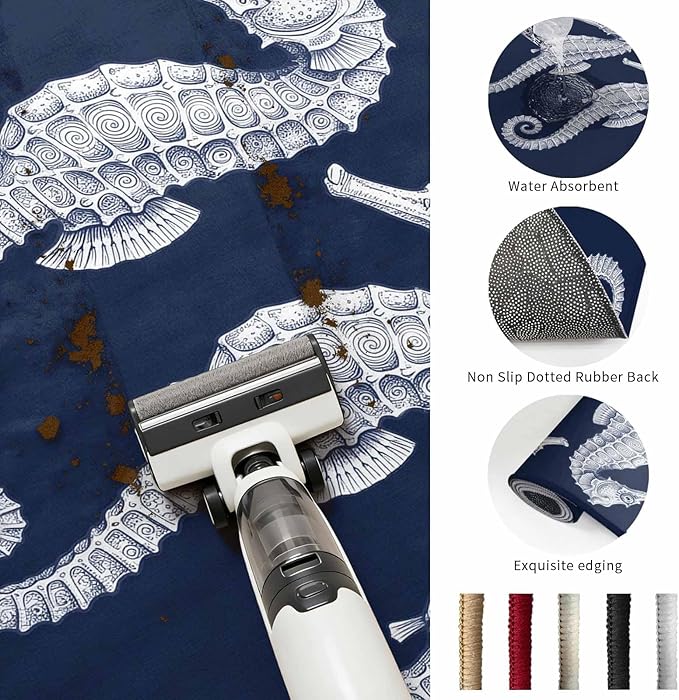 Area Rug 3x5ft, Ocean Life Seahorse Navy Blue Washable Rugs for Living Room Bedroom, Summer Nautical Theme Soft Non-Slip Area Rugs Rectangle Floor Carpet for Dining Room