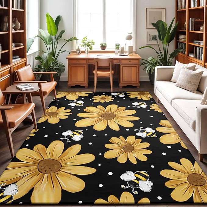 Area Rug 4x6ft, Summer Daisy Flower Bee on Black Washable Rugs for Living Room Bedroom, Spring Watercolor Floral Soft Non-Slip Area Rugs Rectangle Floor Carpet for Dining Room