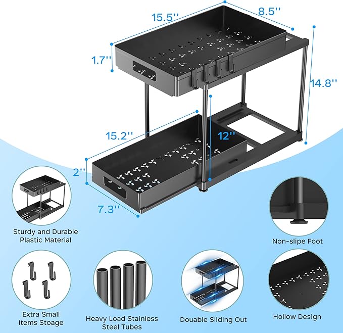 2 Pack Under Sink Organizer with Pull-Out Drawer, 2-Tier Cabinet Storage for Kitchen & Bathroom, Fits Cleaning Supplies & Toiletries, Space Saving for Small Cabinets, Double-layer Sliding Black
