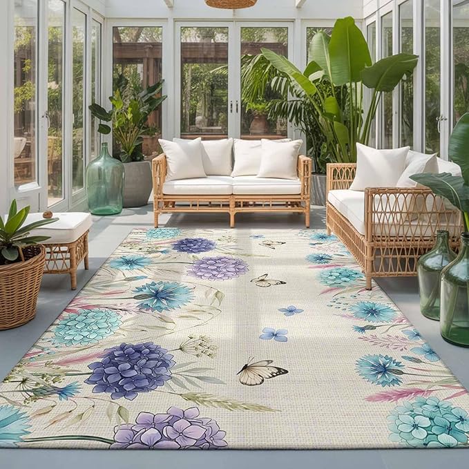 Area Rug 3x5ft, Farm Blossom Floral Hydrangea Washable Rugs for Living Room Bedroom, Watercolor Butterfly on Linen Soft Non-Slip Area Rugs Rectangle Floor Carpet for Dining Room
