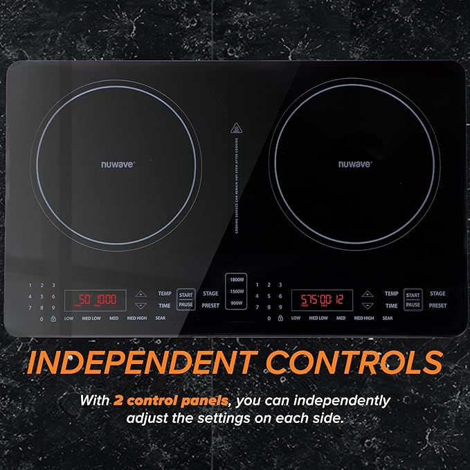 Nuwave Double Pro Cooktop Induction Countertop Burner, Portable, 900/1500/1800W with Dynamic Watt Technology, 50°F to 575°F, 8” Heating Coil, Shatter-Proof Ceramic Glass, Seamless IMD Touch Panel
