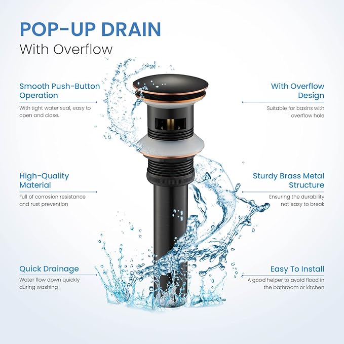 KIBI Bathroom Sink Pop-Up Drain with Overflow (Full Cover) | Lavatory Vanity Drain Stopper | Durable Leak-Proof Sink Drain for Bathroom, Kitchen, and Lavatories | Oil Rubbed Bronze, KPW102