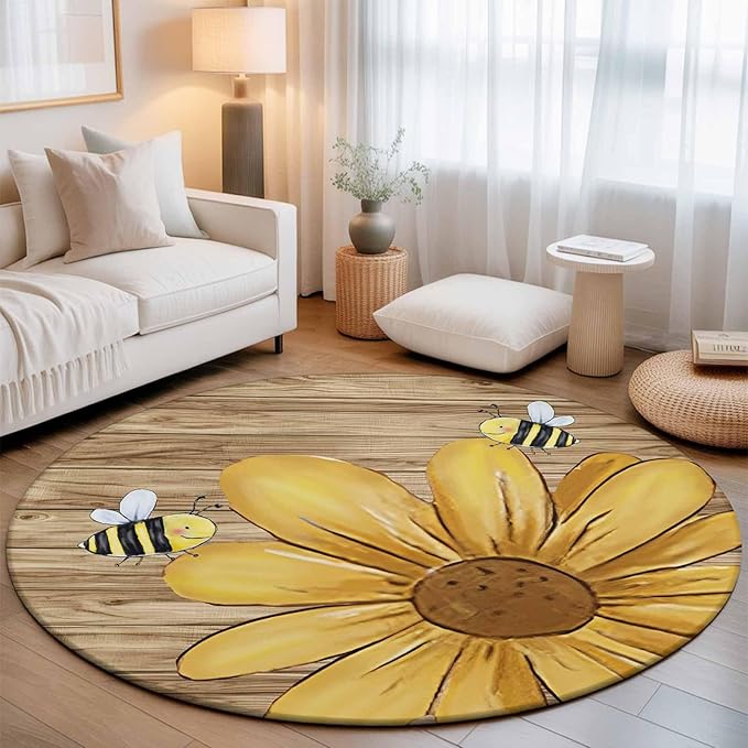 Washable Round Area Rug Summer Yellow Bee Blossom Flower Circle Rugs Floor Carpet for Living Room Bedroom, Retro Rustic Brown Wood Board Soft Non Slip Round Rug 3ft