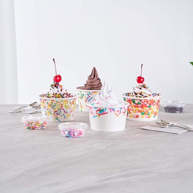 Restaurantware Paper Cups 200 Count 8 Ounce Square Disposable Ice Cream Containers, Leak-Resistant Paper Dessert To Go Cups, Hot And Cold Food, Durable Assorted Sprinkle Design