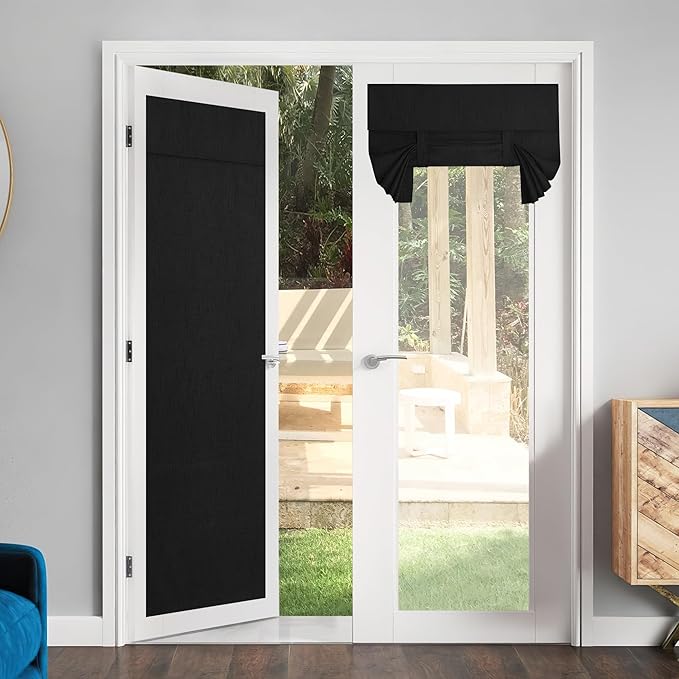 NICETOWN Side Door Curtains for Window, 100% Blackout Thermal Insulated Linen Sheer Window Covering for Glass, Front Door Sidelight Curtain Tie Up, 36W x 80L Inches, 1 Panel, Jet Black