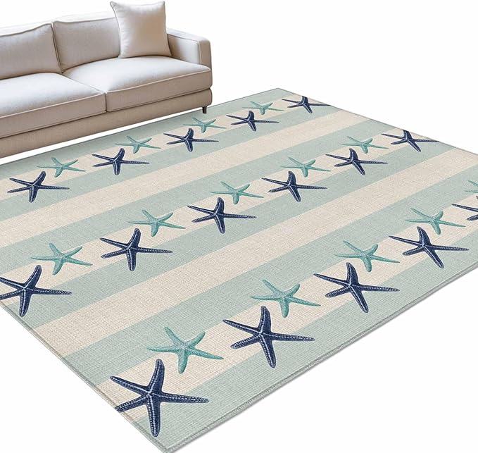 Area Rug 8x10ft, Summer Ocean Blue Teal Starfish Washable Rugs for Living Room Bedroom, Sea Star on Farmhouse Linen Soft Non-Slip Area Rugs Rectangle Floor Carpet for Dining Room