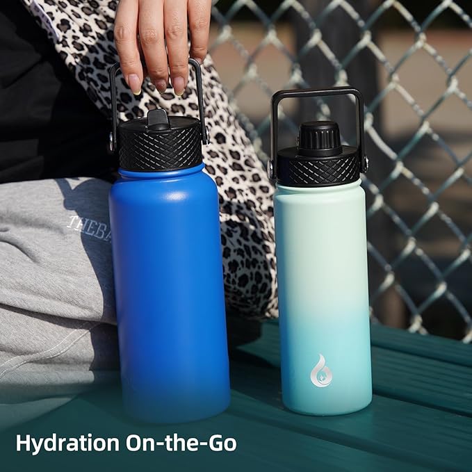 BJPKPK Insulated Water Bottles with Straw Lid, 27oz Stainless Steel Water Bottle with 3 Lids, Leak Proof BPA Free Metal Thermo, Mugs, Tumblers, Keep Cold Hot - Coral