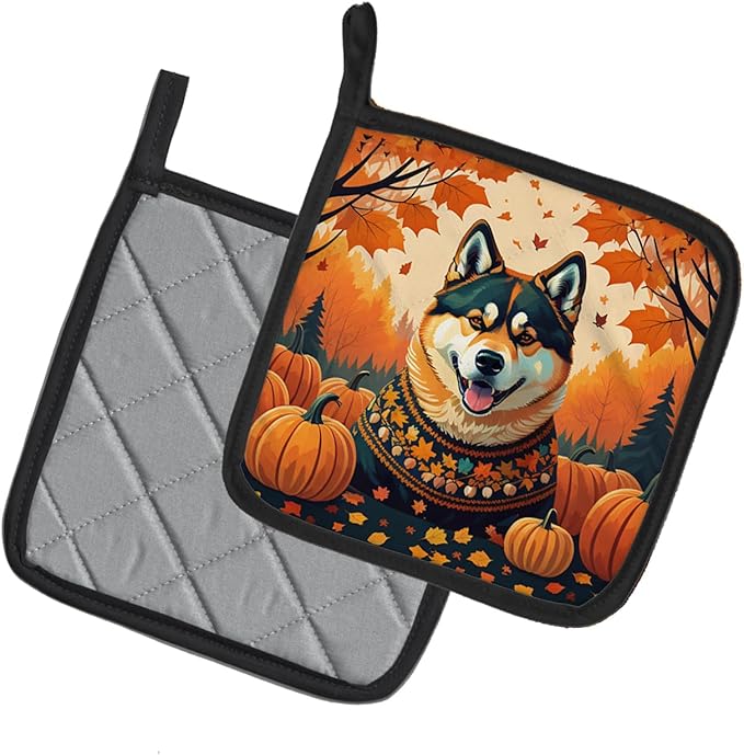 Caroline's Treasures DAC1005PTHD Akita Fall Pair of Pot Holders Kitchen Heat Resistant Pot Holders Sets Oven Hot Pads for Cooking Baking BBQ, 7 1/2 x 7 1/2