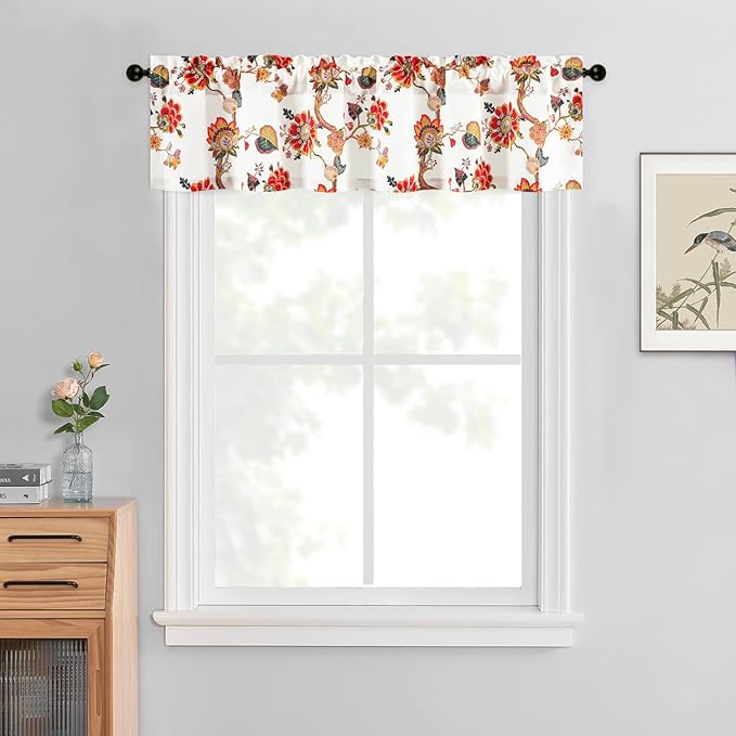 Leeva Farmhouse Floral Linen Valances for Kitchen Windows - Light Filtering Short Curtain with Rod Pocket, Rustic Decorative Valance for Cafe & Living Room, 52x12 Inches