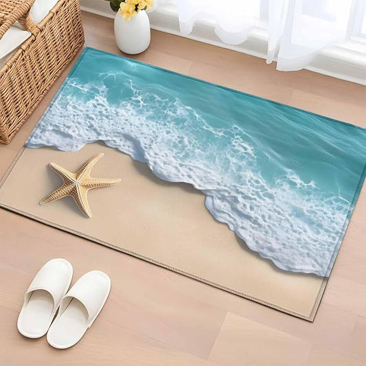 Area Rug 2x3ft, Beach Starfish Teal Sea Water Washable Rugs for Living Room Bedroom, Summer Ocean Theme Soft Non-Slip Area Rugs Rectangle Floor Carpet for Dining Room