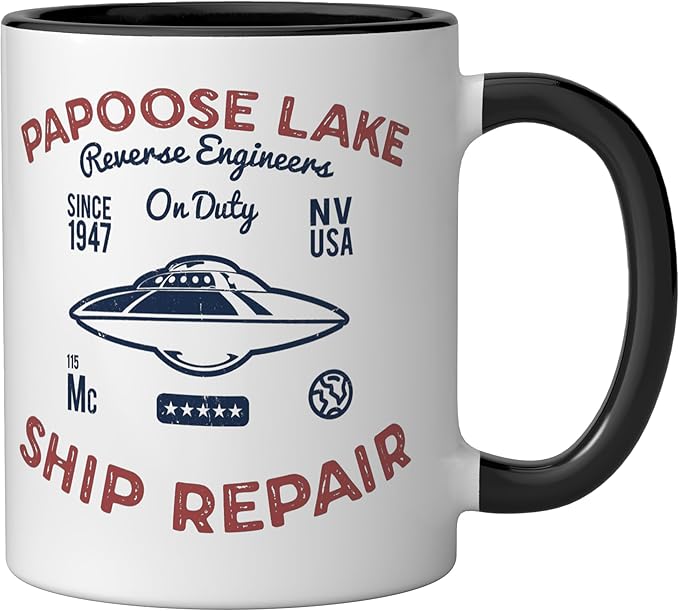 Flying Saucer Papoose Lake Ship Repair Funny UFO Ceramic Mug, Black/White