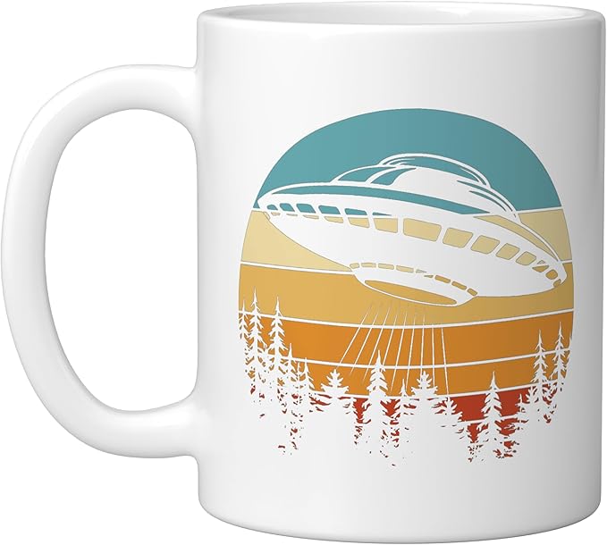 Alien UFO Flying Saucer Abduction Retro Ceramic Mug, White